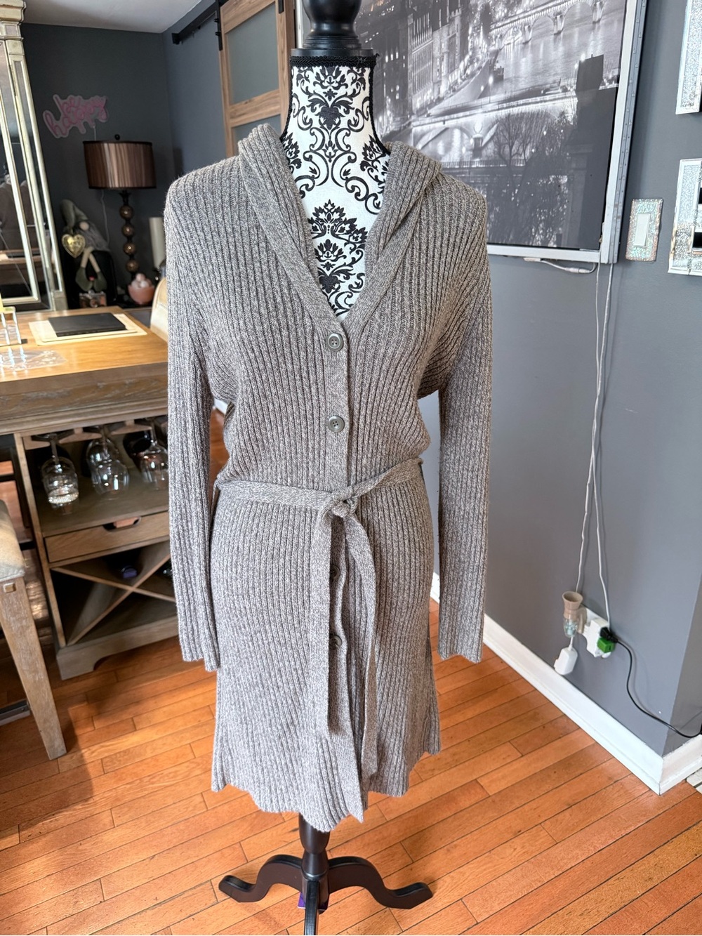 Ribbed Knit Hooded Cardigan Coatigan in Heather Taupe